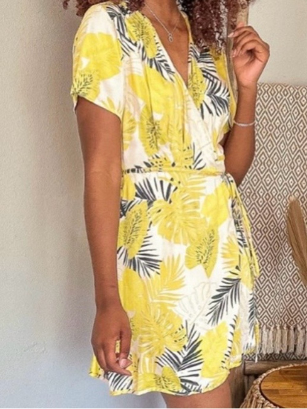 bohme Yellow & Black Tropical Wrap Mini Dress